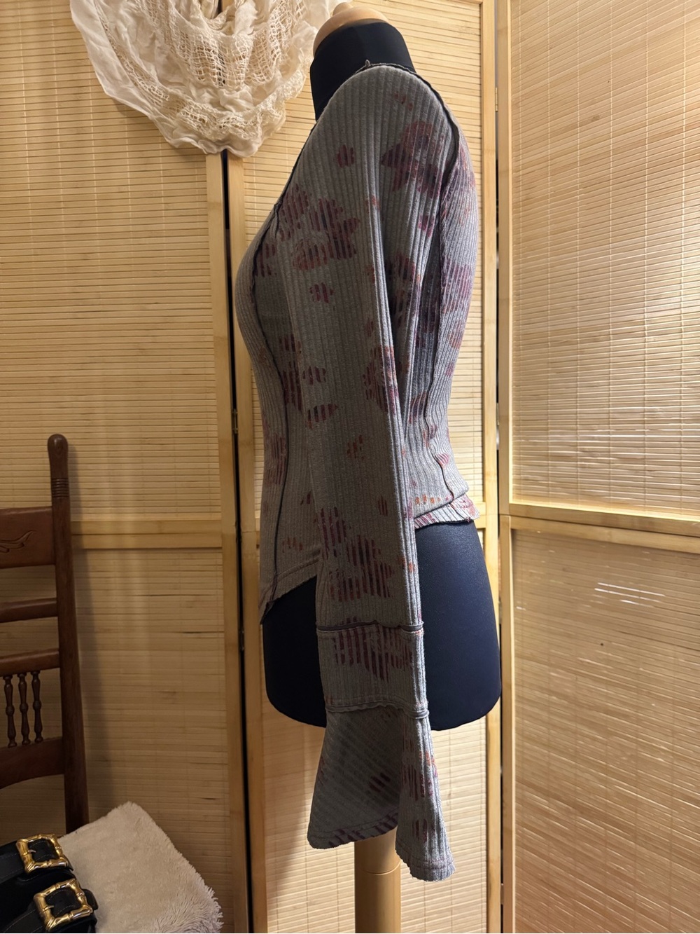 Free People Gray Ribbed Henley Top with Burgundy Rust Accents - Picture 5 of 5